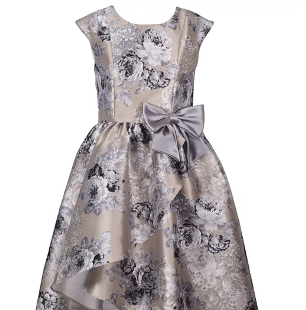 Bonnie Jean Silver Floral Kids Dress with Bow